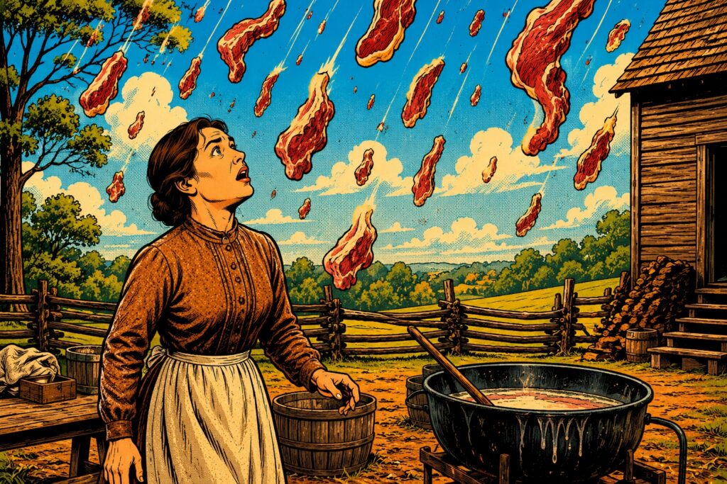 Featured image for The Odd Times covering the Great Kentucky Meat Shower. An illustration of a woman looking to the sky as it's raining meat.