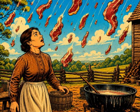 Featured image for The Odd Times covering the Great Kentucky Meat Shower. An illustration of a woman looking to the sky as it's raining meat.