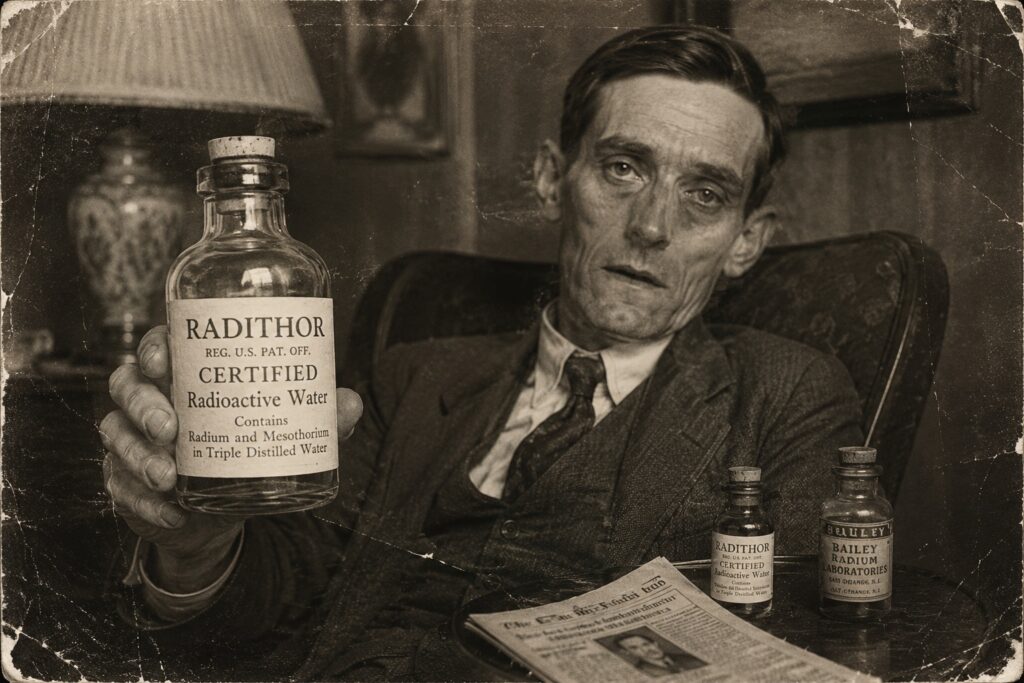 image for an article about the radioactive water drinking crazy in the early 1900s. Radium water, Eben McBurney Byers