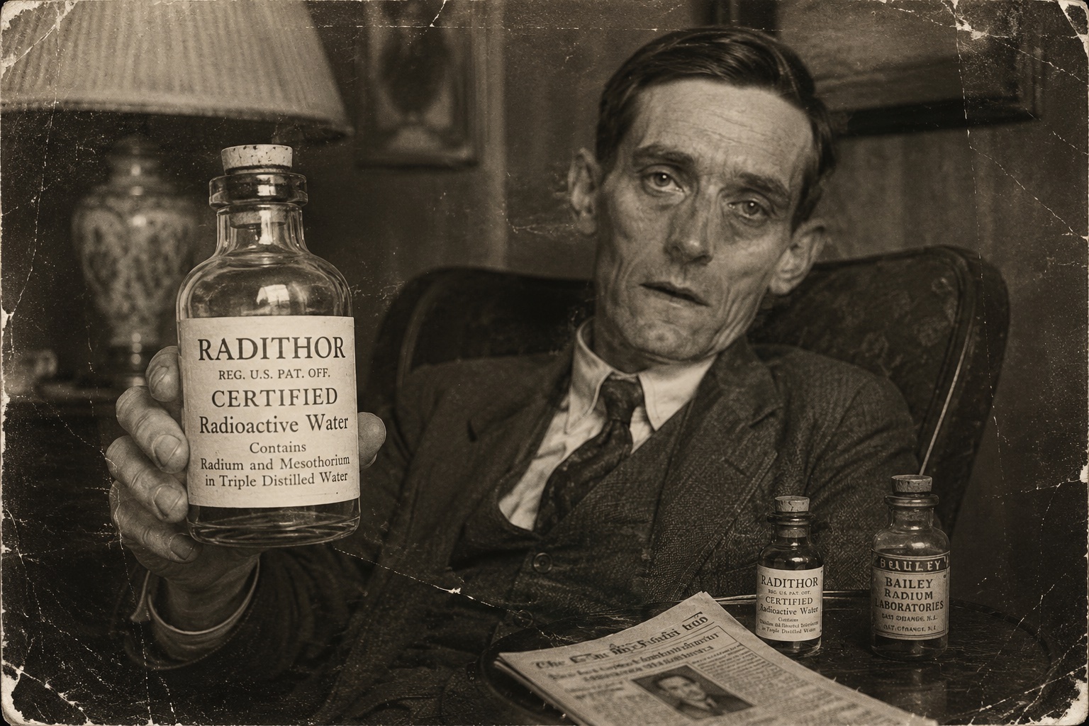 image for an article about the radioactive water drinking crazy in the early 1900s. Radium water, Eben McBurney Byers
